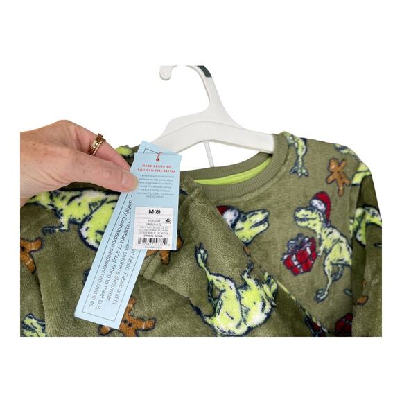 Cat & Jack New Santa T-rex Olive Garden Fleece Jogger Pajamas Size M (8) - Picture 4 of 4